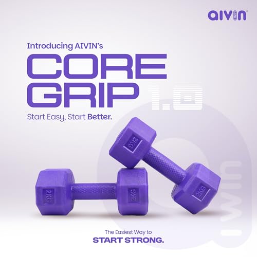 AIVIN Coregrip 1.0 PVC Dumbbells I Set of 2 (2kg Each) I Hexagonal No-Roll Design with Easy-Grip Coating I Professional Home Gym Equipment for Strength Training, Pilates & Aerobics (Purple) - Image 2