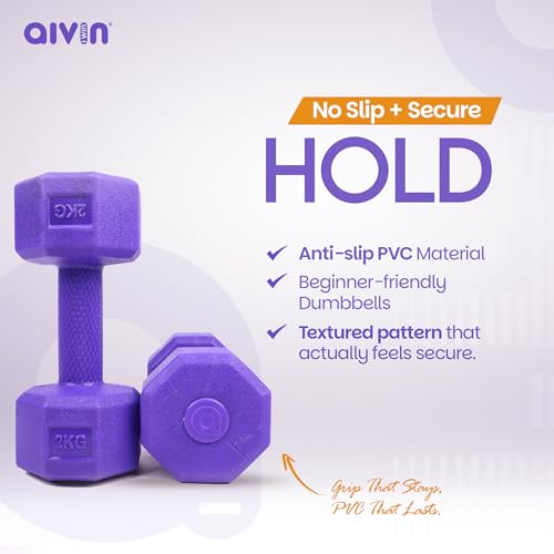 AIVIN Coregrip 1.0 PVC Dumbbells I Set of 2 (2kg Each) I Hexagonal No-Roll Design with Easy-Grip Coating I Professional Home Gym Equipment for Strength Training, Pilates & Aerobics (Purple) - Image 3