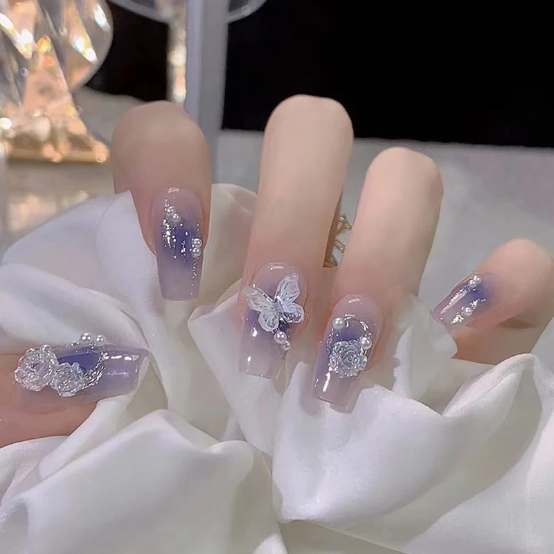 Press on Nails Square Medium Length Artificial Acrylic Fake Nails with Butterfly Flowers Designs 24Pcs Full Cover Reusable Coffin False Nails Set Women Glue on Nails Stick on Nails for Nail Art