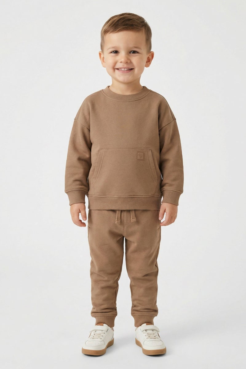 Fudo Toddlers Boy 2Pcs Brand Logo Long Sleeve Sweatshirt With Jogger Pants Set, Brown - Image 1