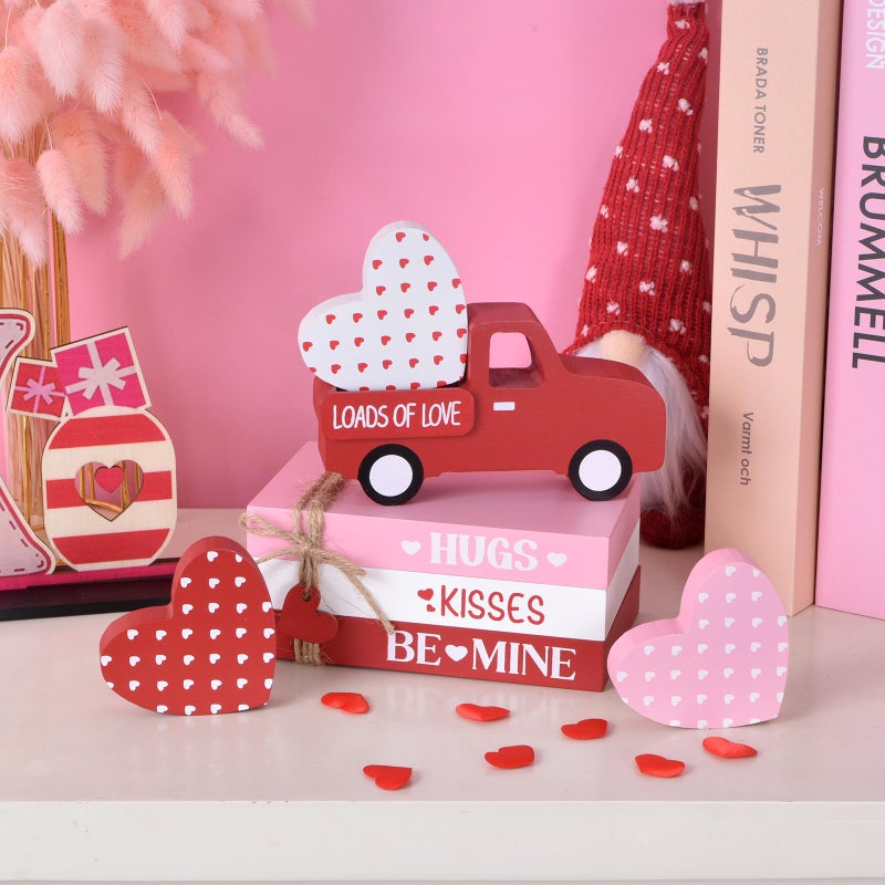 IDATOO Valentineâ€™s Day Decoration for Home, 7PCs Wooden Decorative Book Stack Set with Truck & Hearts, Rustic Valentines Table Centerpiece, Pink Red White Tiered Tray Decor for Shelf Office (red pink white) - Image 5