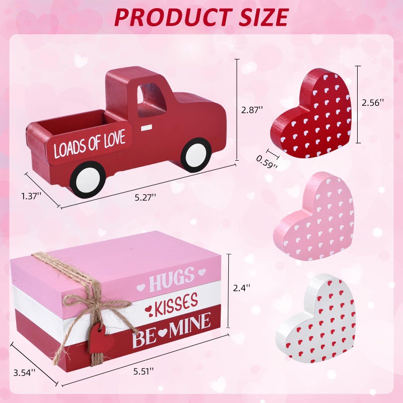 IDATOO Valentineâ€™s Day Decoration for Home, 7PCs Wooden Decorative Book Stack Set with Truck & Hearts, Rustic Valentines Table Centerpiece, Pink Red White Tiered Tray Decor for Shelf Office (red pink white) - Image 2
