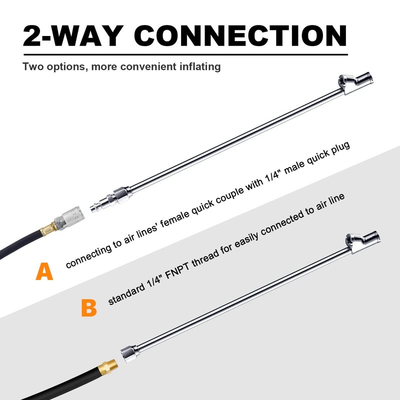 Lumiteco 2-Way Connection 13.8"" Extended Air Chuck Set  1/4 In Fnpt Straight Foot Dual Head Tire Inflate Chuck With Standard Quick Plug  Tire Air Compressor Fill Kit For Truck Rv Dually Tires - Image 4