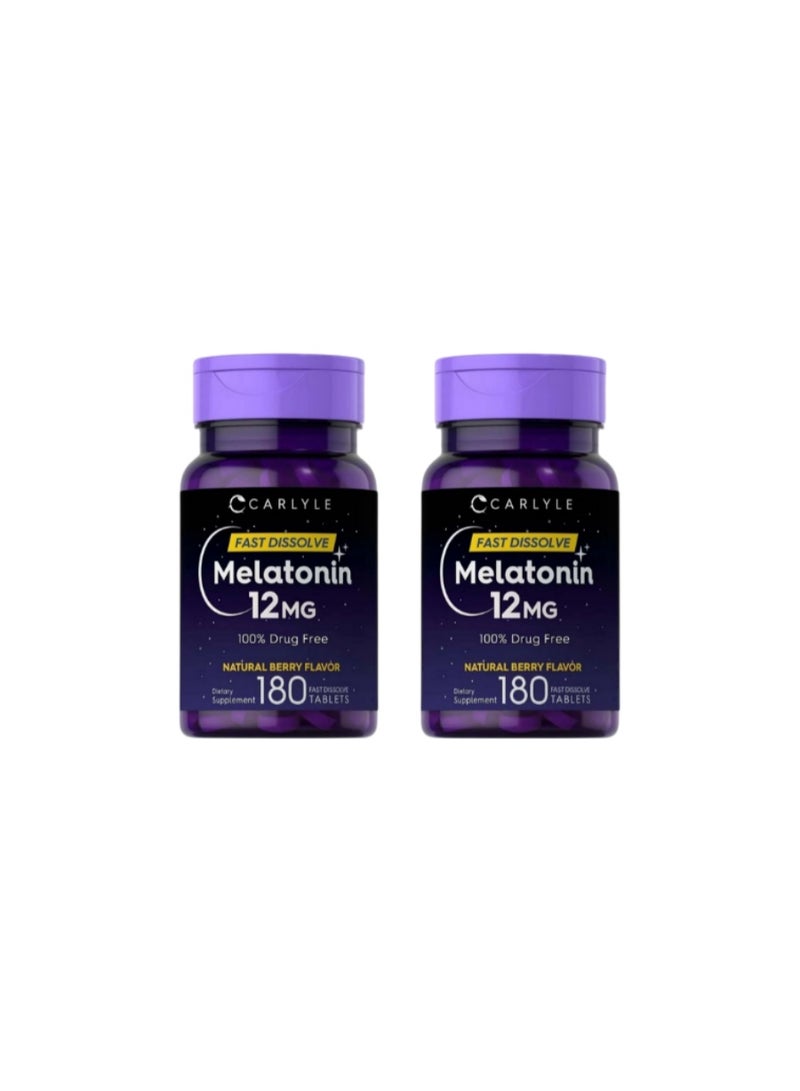 ميلاتونين 12 ملغ أقراص سريعة الذوبان 180 قرص عبوتين نكهة التوت الطبيعية | نباتي، غير معدّل وراثيًا، خالي من الغلوتين