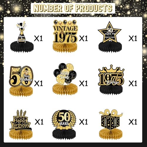 Refavor 9Pcs 50th Birthday Decorations - Black Gold 50th Birthday Party Decorations for Men Women Vintage Table Decor Supplies Honeycomb Centerpieces Happy 50 Years Birthday Decoration Decor - Image 2