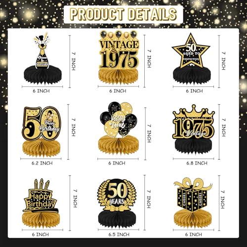 Refavor 9Pcs 50th Birthday Decorations - Black Gold 50th Birthday Party Decorations for Men Women Vintage Table Decor Supplies Honeycomb Centerpieces Happy 50 Years Birthday Decoration Decor - Image 3