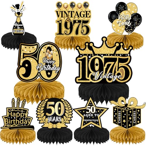 Refavor 9Pcs 50th Birthday Decorations - Black Gold 50th Birthday Party Decorations for Men Women Vintage Table Decor Supplies Honeycomb Centerpieces Happy 50 Years Birthday Decoration Decor - Image 1