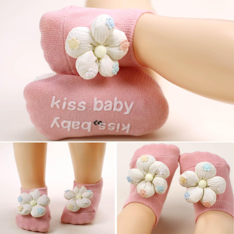 KEAINVRN جوارب بنات أطفال KEAINVRN 4 عبوات، زهور مع قبضة غير قابلة للانزلاق للأطفال الصغار، جوارب كاحل منخفضة للأميرات (الولايات المتحدة، العمر، 0 شهر، 6 أشهر، أصفر، وردي، أخضر، أزرق) - Image 4