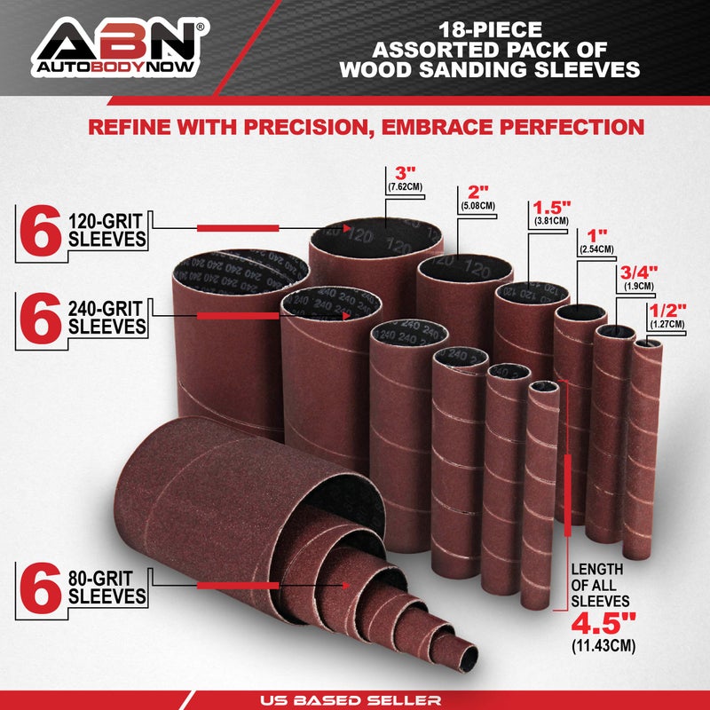 ABN Aluminum Oxide Spindle Sanding Sleeves 18-Pack – 4.5in Length, Assorted 80 120 240 Grit, 1/2in to 3in Sandpaper - Image 2