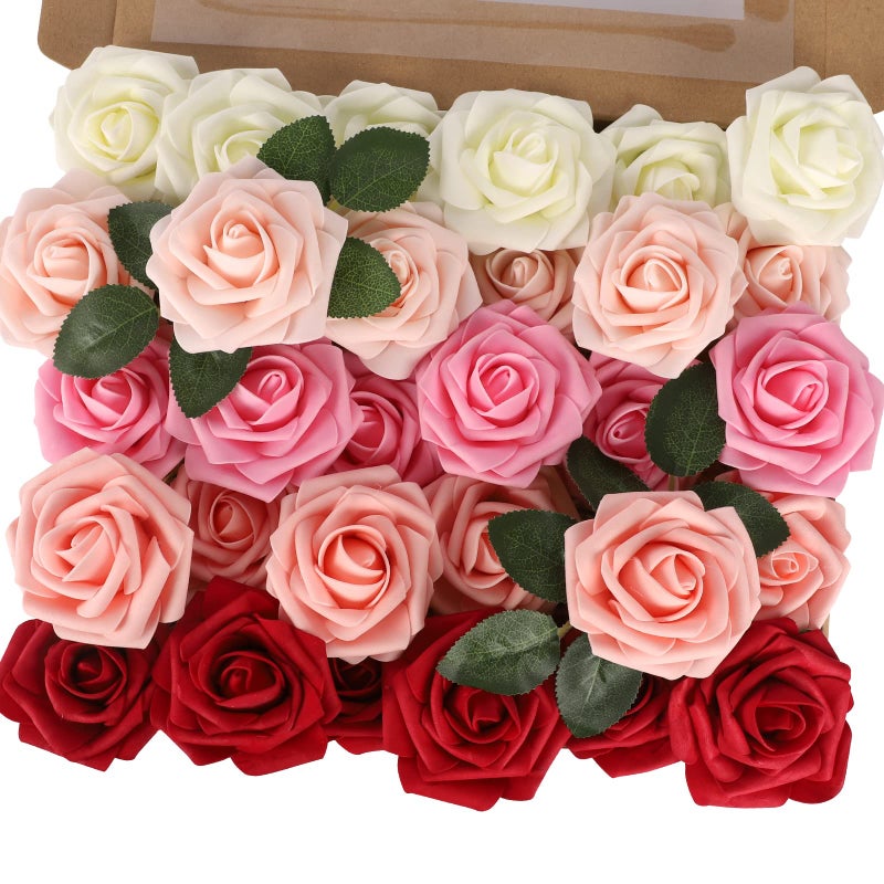 MACTING 30PCS Artificial Flower Roses Real Touch Fake Spring Flowers with Stem Foam Roses for DIY Wedding Bouquet Floral Arrangements Table Centerpieces Party Home Valentines Day Decor Mix Color 3