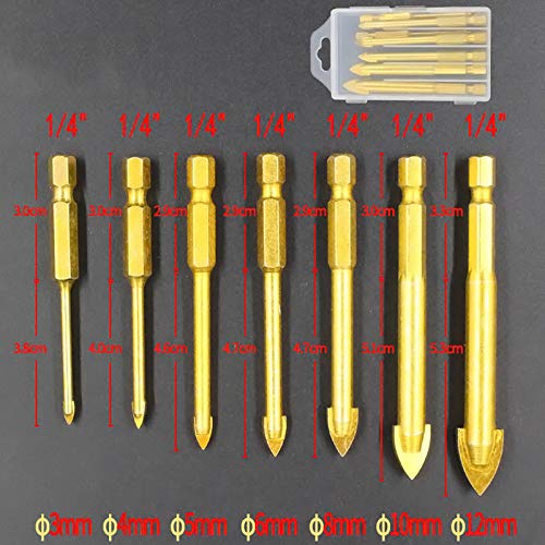 Mengshen Glass and Tile Drill Bits Set 3-12mm 7PCS, Tungsten Carbide Titanium Coated Ceramic Concrete Drilling Tool with Hex Shank for Glass Tile Ceramic Mirror Porcelain Marble - Image 3
