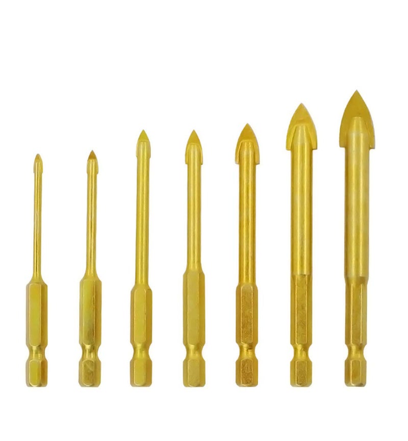 Mengshen Glass and Tile Drill Bits Set 3-12mm 7PCS, Tungsten Carbide Titanium Coated Ceramic Concrete Drilling Tool with Hex Shank for Glass Tile Ceramic Mirror Porcelain Marble - Image 1