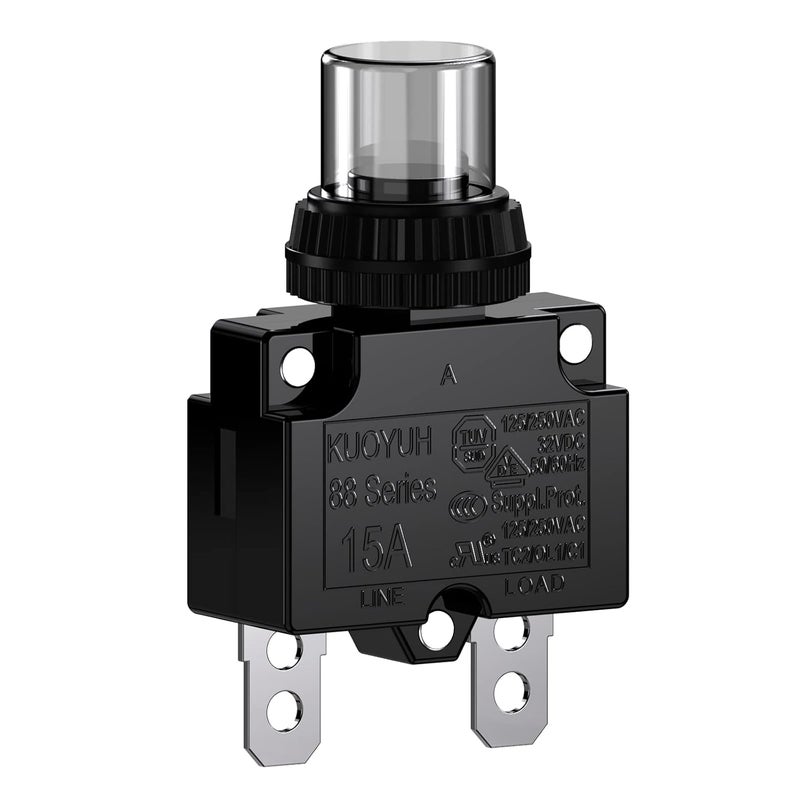 DIYhz 15Amp Circuit Breakers Thermal Overload Switch Protector 88 Series Manual Push Button Reset with Quick Connect Terminals and Waterproof Button Cap 32VDC or 125/250VAC - Image 1
