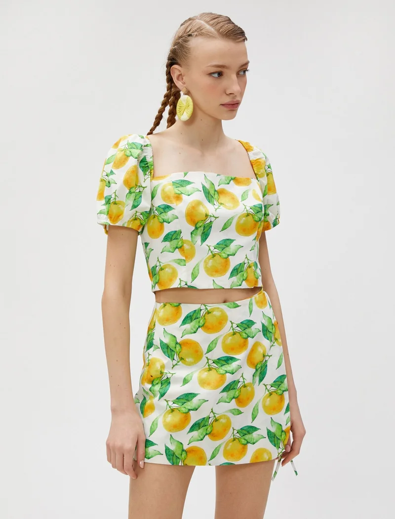 كوتون Crop Blouse Short Balloon Sleeves Square Neck Printed Cotton