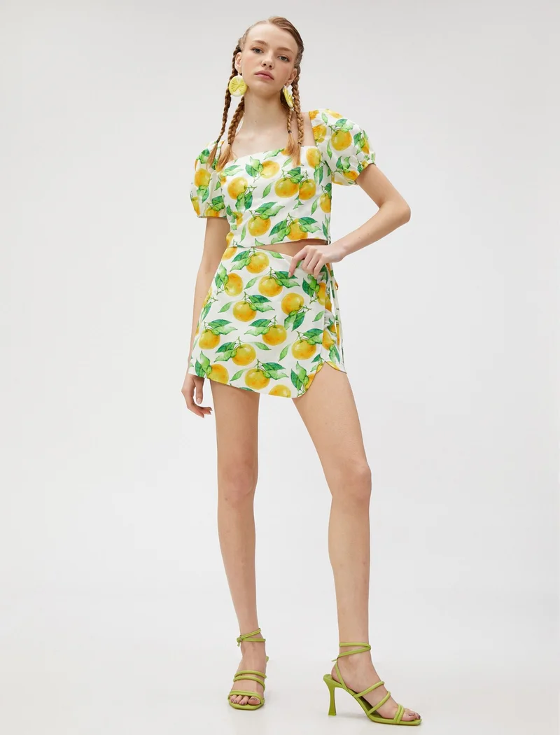 كوتون Crop Blouse Short Balloon Sleeves Square Neck Printed Cotton