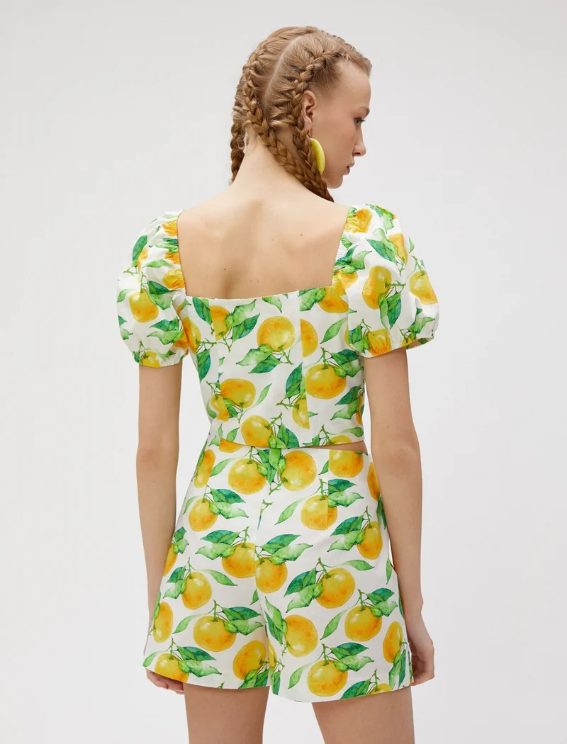كوتون Crop Blouse Short Balloon Sleeves Square Neck Printed Cotton