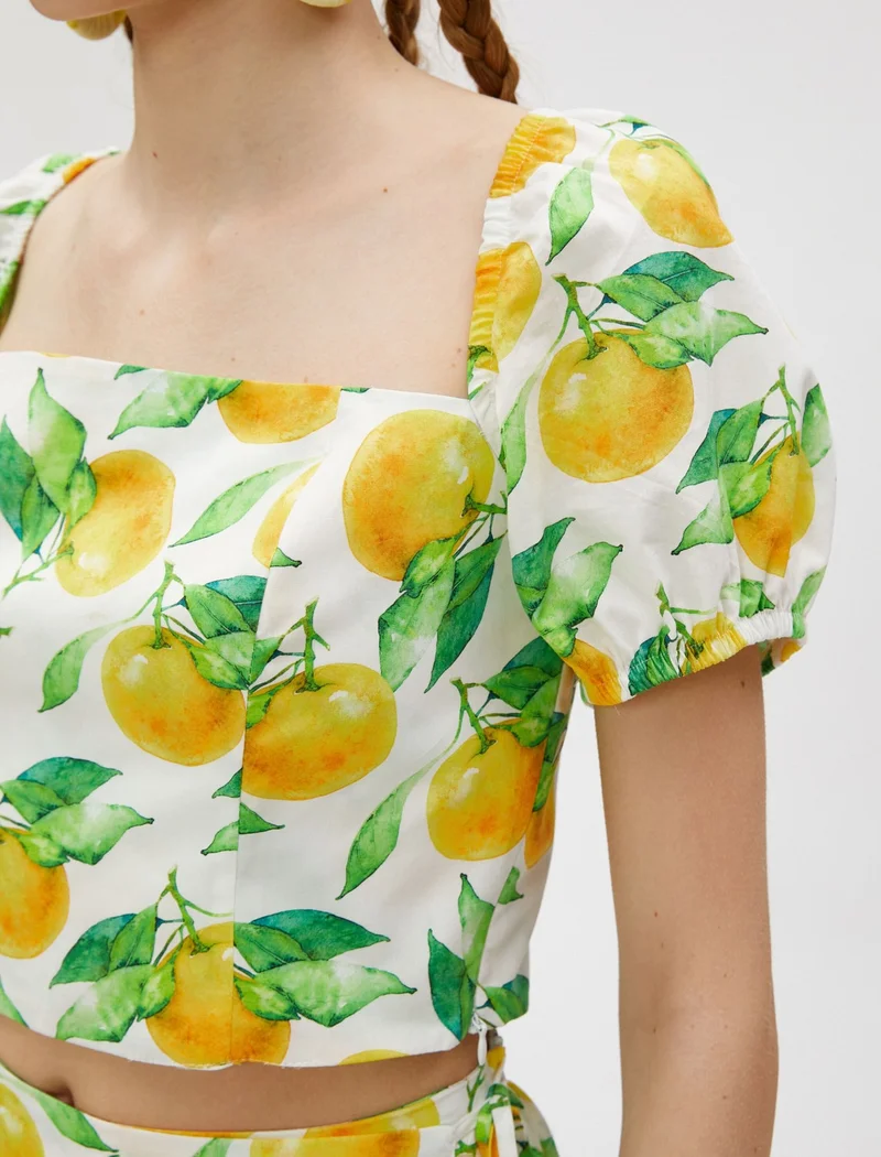 كوتون Crop Blouse Short Balloon Sleeves Square Neck Printed Cotton