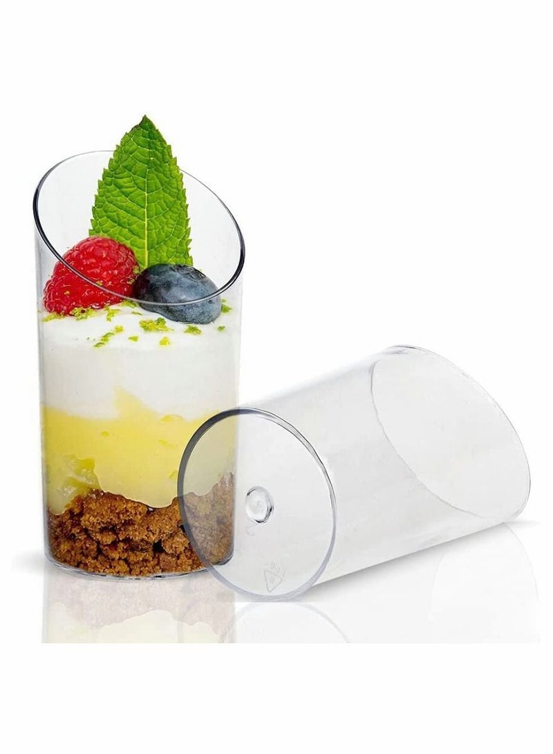 Y&D Mini Angled Dessert Cups, 100Pcs 75ml Plastic Round Cups Clear Parfait Appetizer Cup Reusable Serving Bowl for Pudding Mousse Party (8.5 x 4.5cm) - Image 1