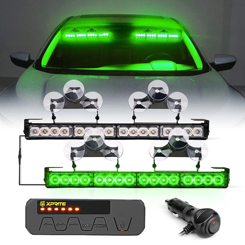 Xprite LED Emergency Traffic Advisor Dual Strobe Light Bar wControl Box Front Rear Windshield Visor Deck Safety Hazard Warning Flashing Lightbars for Construction Vehicles Semi Trucks Car  Green