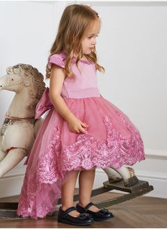 Al Aoyama Baby girls Embroidered Tulle Ball Gown with Bow & Train - Elegant 1st Birthday Dress for Girls | Luxurious Flower Girl Attire for Pageants, Fashion Shows & Special Occasions  - Image 4