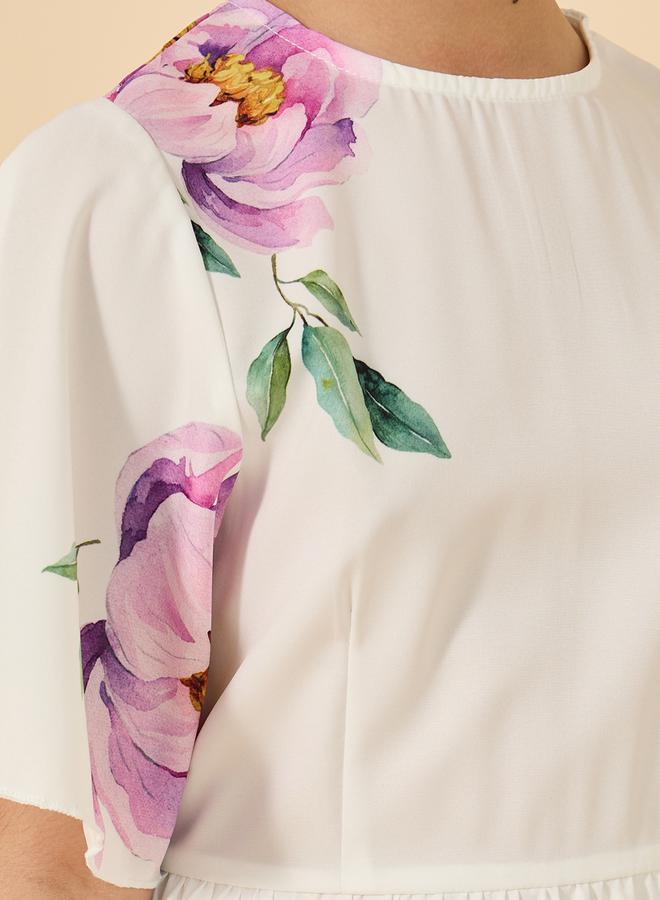 Styli Placement Print Round Neck Pleated Dress - Image 3
