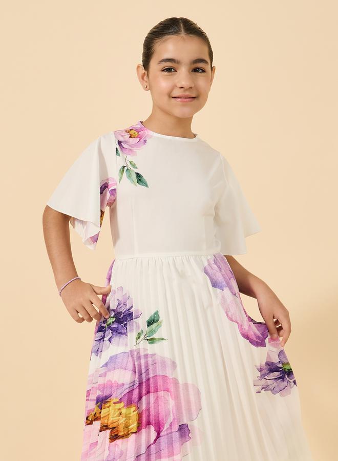 Styli Placement Print Round Neck Pleated Dress - Image 2