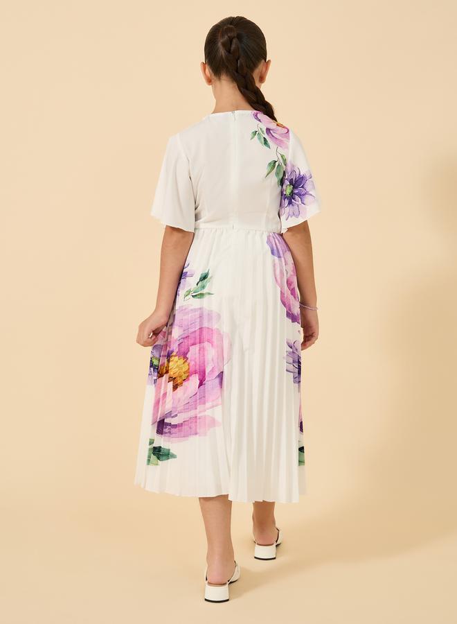 Styli Placement Print Round Neck Pleated Dress - Image 4