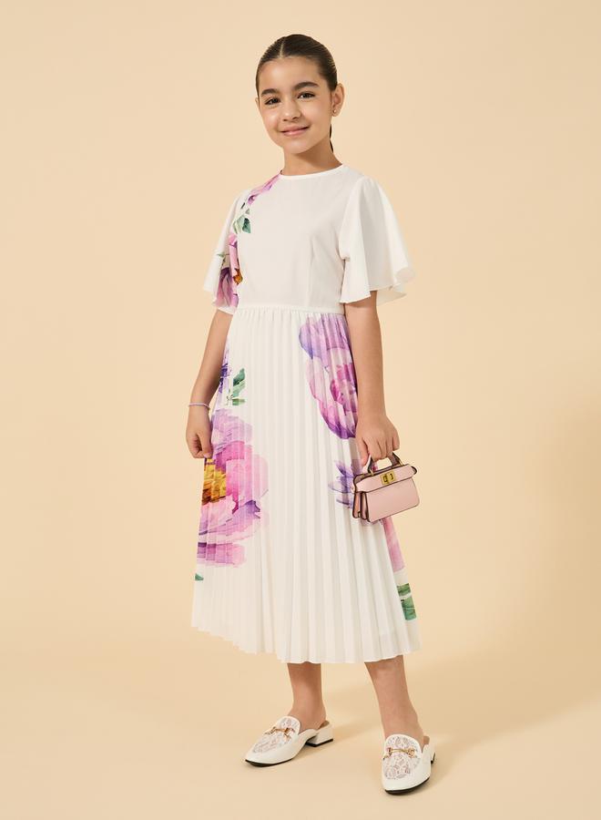 Styli Placement Print Round Neck Pleated Dress - Image 1