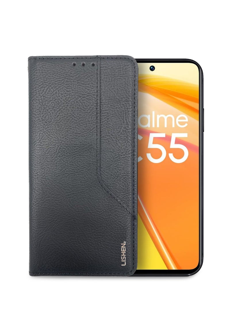 Lishen Stylish Premium Leather Magnetic Closure Flip Stand Case Cover for Realme C55 – Black  - Image 1