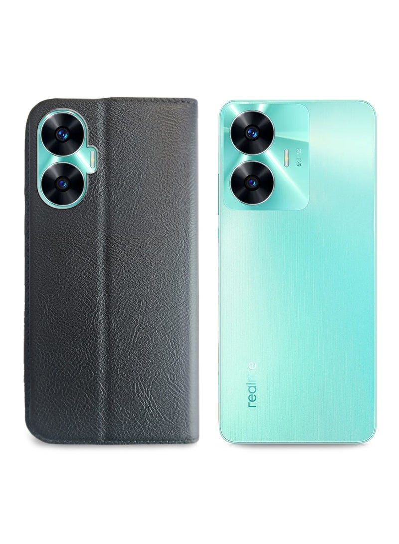 Lishen Stylish Premium Leather Magnetic Closure Flip Stand Case Cover for Realme C55 – Black  - Image 2