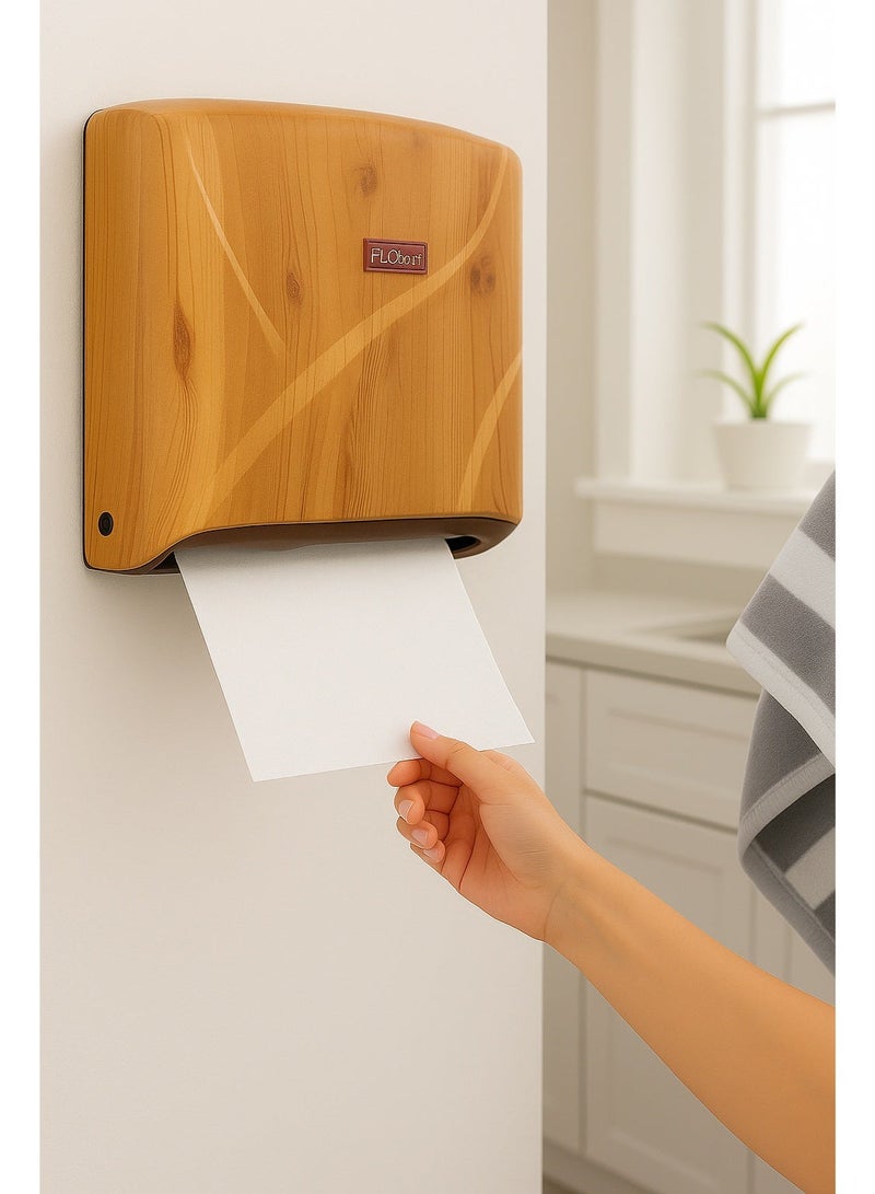 FLOSOFT Wall-Mounted Z-Fold Paper Towel Dispenser – Wooden Finish ABS Plastic, 300-Tissue Capacity with Key Lock for Bathroom Kitchen Office - Image 3