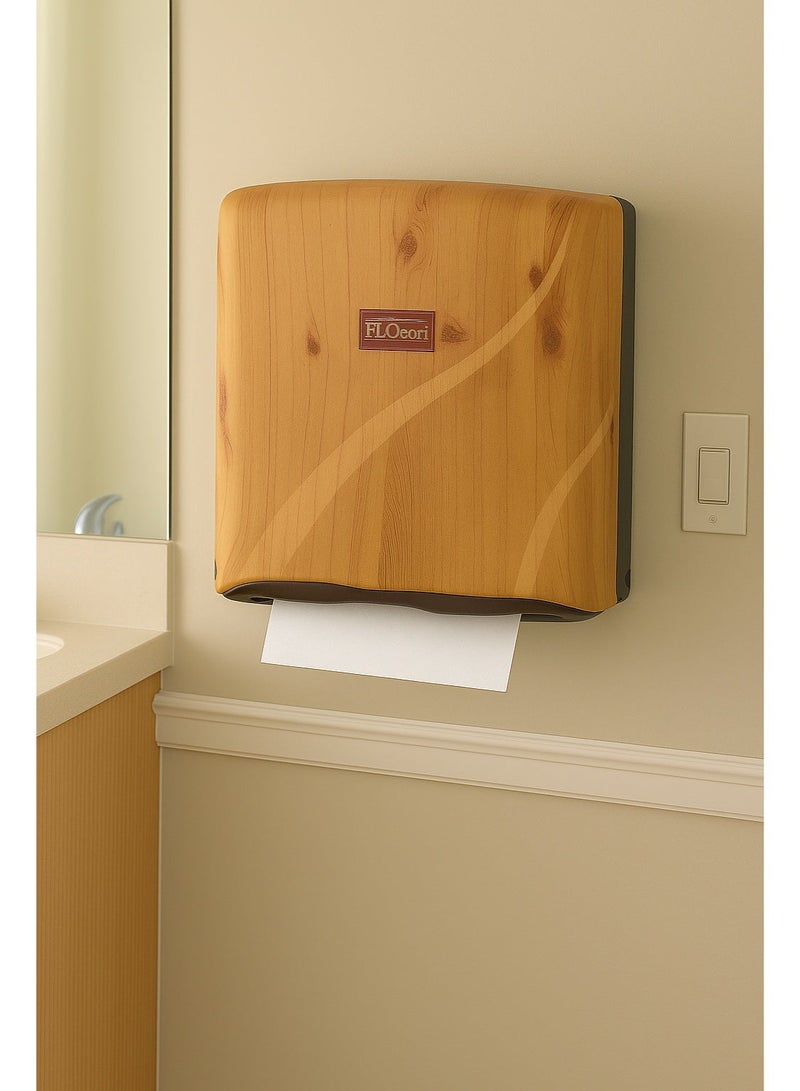FLOSOFT Wall-Mounted Z-Fold Paper Towel Dispenser – Wooden Finish ABS Plastic, 300-Tissue Capacity with Key Lock for Bathroom Kitchen Office - Image 2