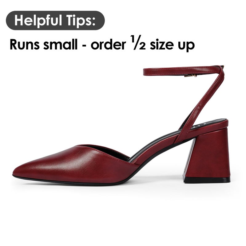 QIY Burgundy Heels for Women Closed Toe Wine Red Pointed Toe Heels for Women Ankle Strap Strappy Slingback Sling Back Short Low Chunky Block Heel Women's Pumps Dress Wedding Shoes Size 9.5 - Image 4