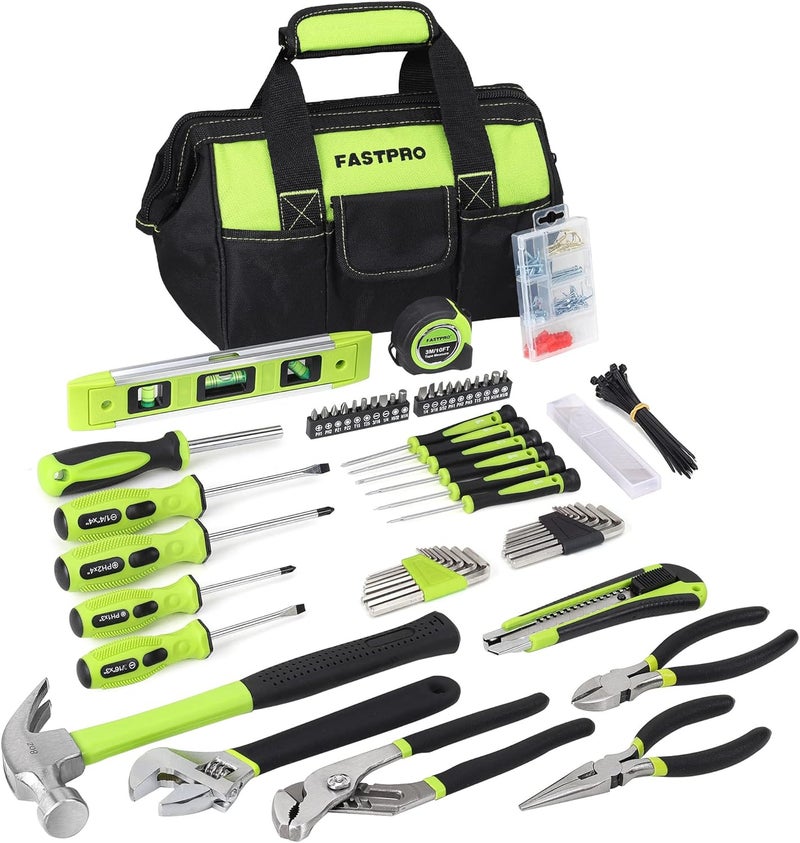 FASTPRO 215-Piece Home Repairing Tool Set with 12-Inch Wide Mouth Open Storage Bag, Household Hand Tool Kit, Green - Image 1