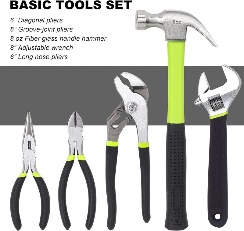 FASTPRO 215-Piece Home Repairing Tool Set with 12-Inch Wide Mouth Open Storage Bag, Household Hand Tool Kit, Green - Image 4