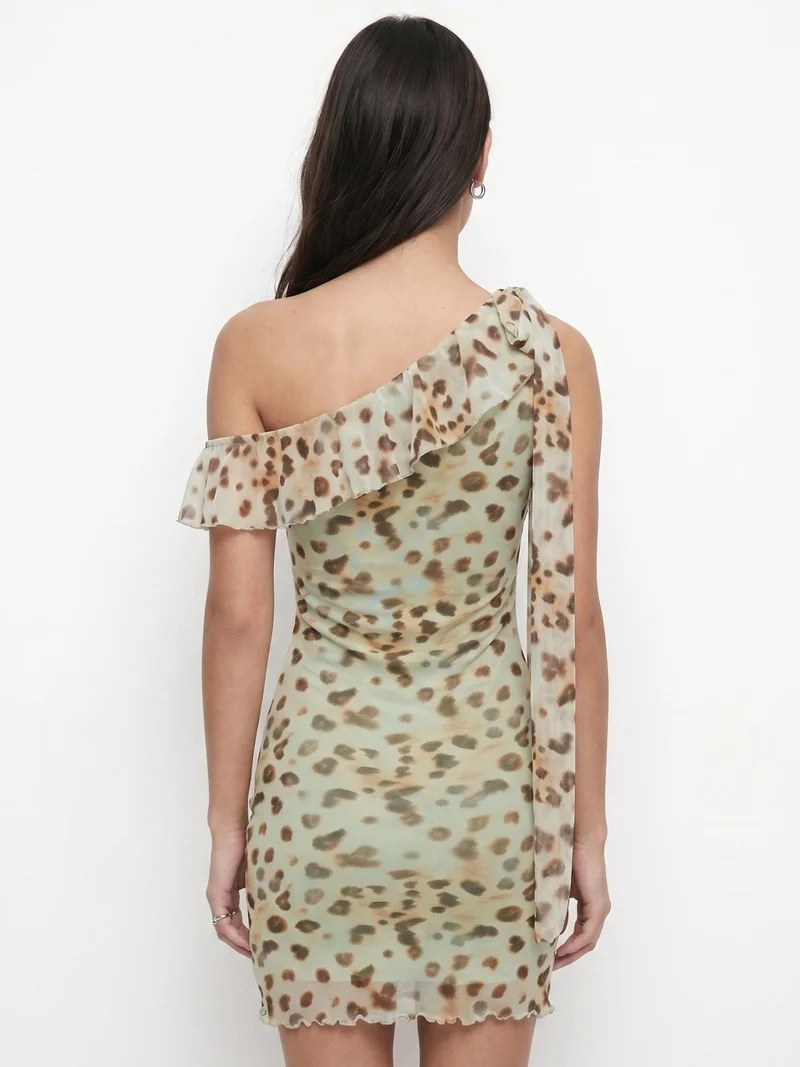 Outzidr leopard print Multi Animal Print Asymetrical Ruffle Dress for Women | Best Price UAE