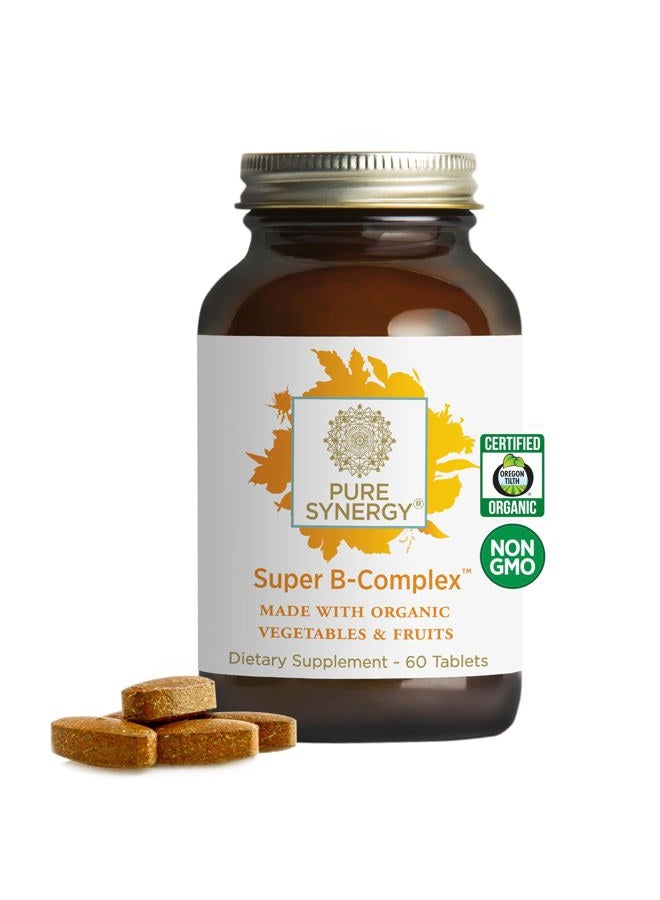 Pure Synergy سوبر ب-كومبلكس | فيتامين ب كومبلكس مصنوع من الأطعمة الكاملة العضوية | مكمل نباتي مع فيتامين ب12 الطبيعي، النياسين، وحمض الفوليك | لدعم الطاقة والتركيز والمزاج (60 قرص) - Image 1