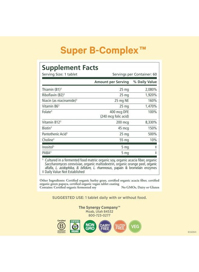 Pure Synergy سوبر ب-كومبلكس | فيتامين ب كومبلكس مصنوع من الأطعمة الكاملة العضوية | مكمل نباتي مع فيتامين ب12 الطبيعي، النياسين، وحمض الفوليك | لدعم الطاقة والتركيز والمزاج (60 قرص) - Image 2