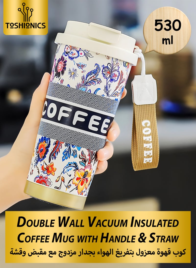 توشيونيكس كوب قهوة من الفولاذ المقاوم للصدأ سعة ٥٣٠ مل | كوب سفر معزول بتفريغ الهواء بجدار مزدوج مع غطاء وماصة | قارورة مشروبات ساخنة وباردة للمنزل، المكتب، المدرسة، الصالة الرياضية، الرياضة، السفر، التخييم | كوب قهوة مقاوم للتسرب، خالٍ من مادة BPA، قابل لإعادة الاستخدام مع حزام حمل - Image 1