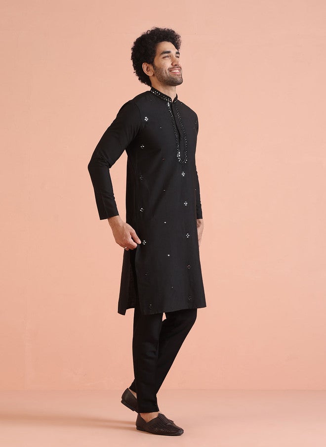 KISAH Men Embroidered Regular Mirror Work Kurta with Trousers - Image 4