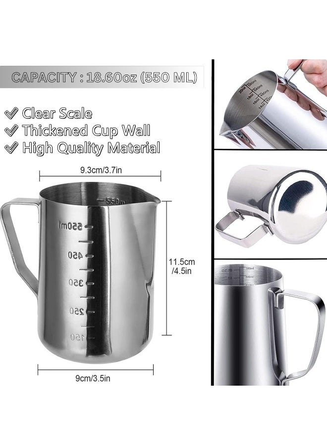 ECVV Stainless Steel Milk Frothing Pitcher 550ml Coffee Frother Jug for Latte Art, Cappuccino, Espresso, Steaming Milk Cup, Barista Tools | Silver - Image 1