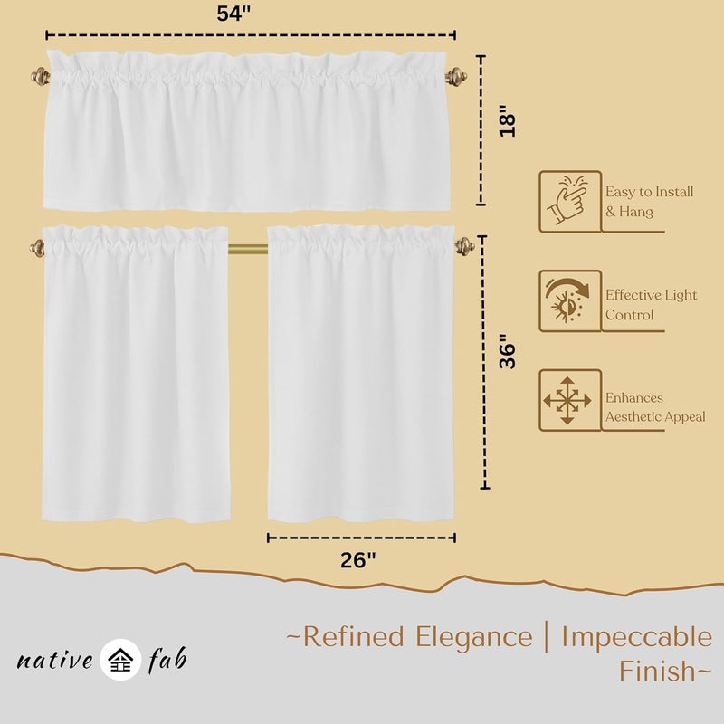 Native Fab 3 Pieces Window Curtain Tiers 26"x36" and Valance 54"x18" Set - Rod Pocket - Semi Sheer - Farmhouse Half Curtain for Kitchen, Bedroom, Living Room - White - Image 5