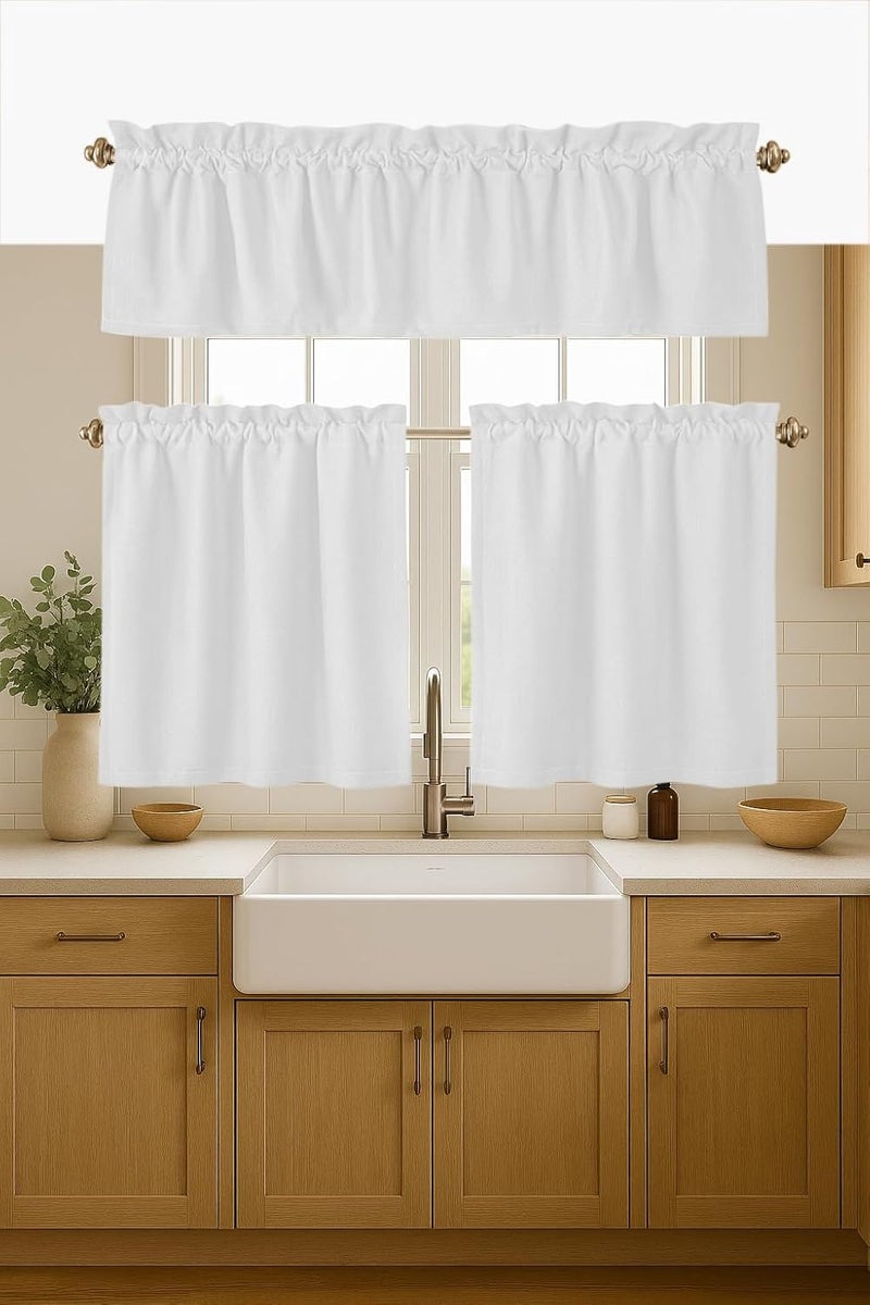 Native Fab 3 Pieces Window Curtain Tiers 26"x36" and Valance 54"x18" Set - Rod Pocket - Semi Sheer - Farmhouse Half Curtain for Kitchen, Bedroom, Living Room - White - Image 1