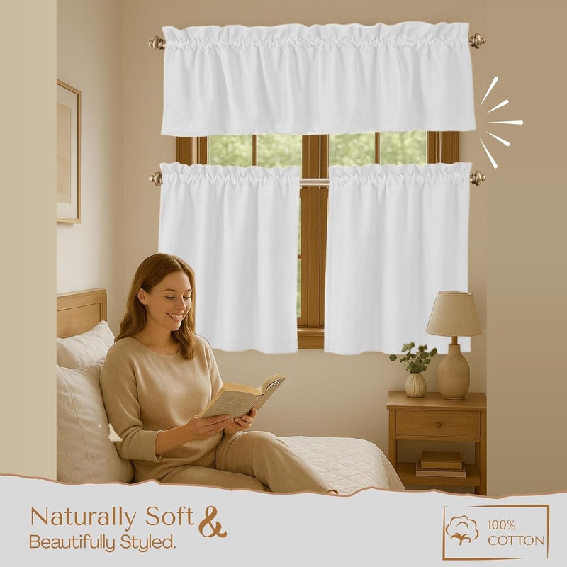 Native Fab 3 Pieces Window Curtain Tiers 26"x36" and Valance 54"x18" Set - Rod Pocket - Semi Sheer - Farmhouse Half Curtain for Kitchen, Bedroom, Living Room - White - Image 2