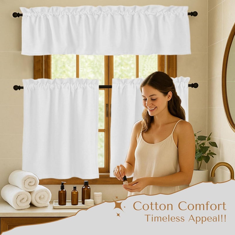 Native Fab 3 Pieces Window Curtain Tiers 26"x36" and Valance 54"x18" Set - Rod Pocket - Semi Sheer - Farmhouse Half Curtain for Kitchen, Bedroom, Living Room - White - Image 3