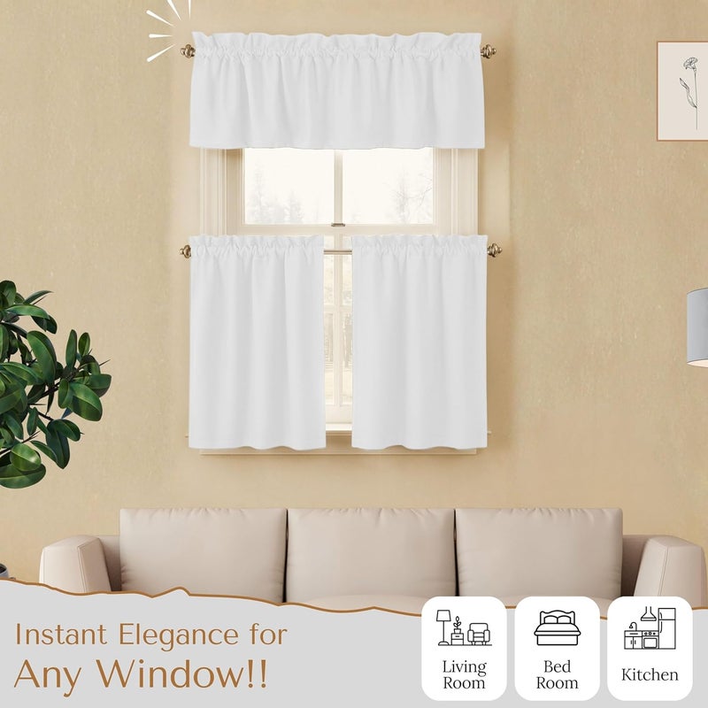 Native Fab 3 Pieces Window Curtain Tiers 26"x36" and Valance 54"x18" Set - Rod Pocket - Semi Sheer - Farmhouse Half Curtain for Kitchen, Bedroom, Living Room - White - Image 4