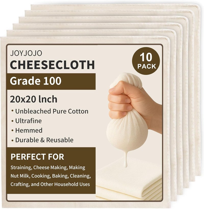 JOYJOJO Cheesecloth 10-Pack 20x20 Inch – Reusable Organic Unbleached Cotton Grade 100, Hemmed Cloth for Cooking, Juicing, Cheese Making - Image 1