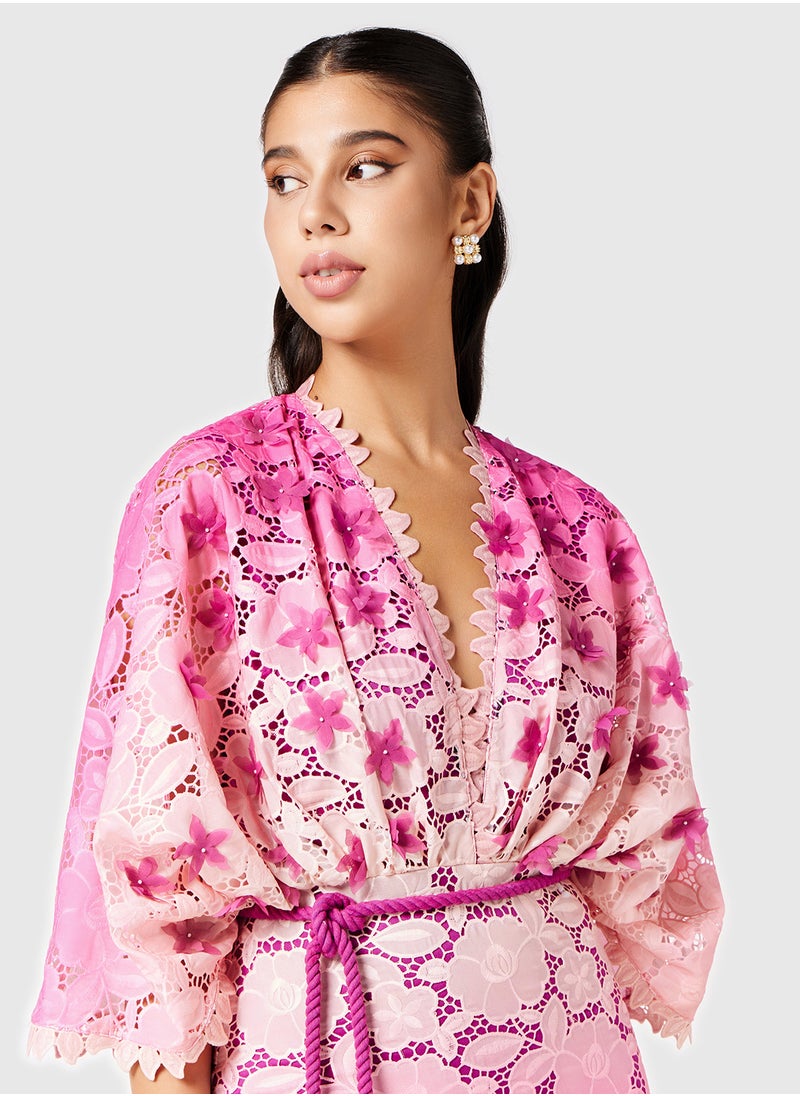 Threadz by Ajooni Lace Kimono Sleeve Dress With Applique  - Image 3