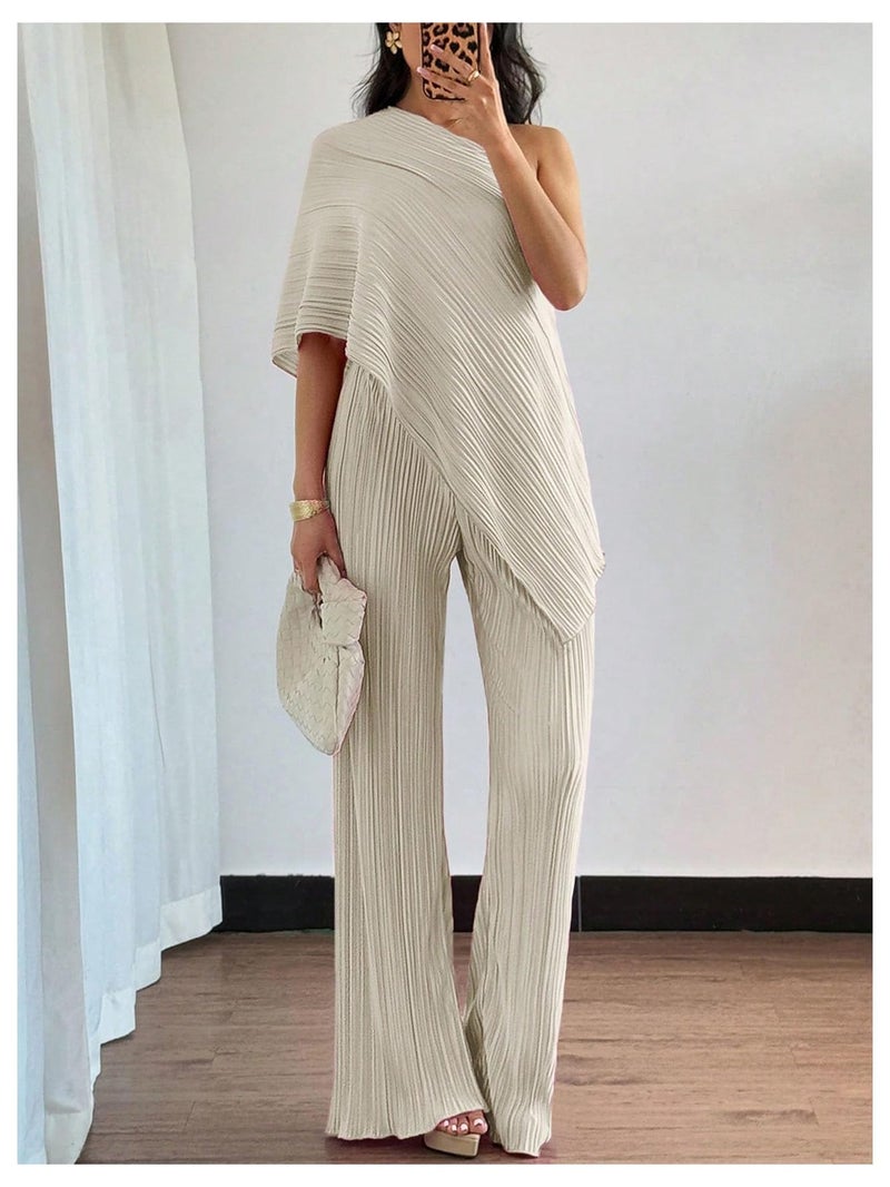 Floerns Women's 2 Piece Outfit Textured Off The Shoulder T Shirts and Long Pants Set Champagne Large - Image 4