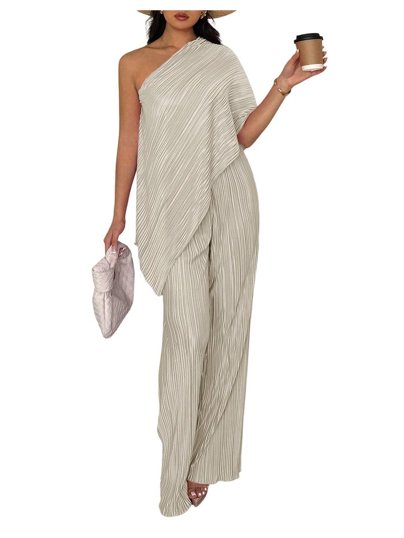 Floerns Women's 2 Piece Outfit Textured Off The Shoulder T Shirts and Long Pants Set Champagne Large - Image 1